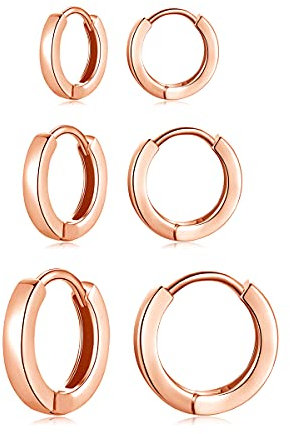 Deyanse 3 paires Ensemble de Boucles d'oreilles Créoles Argent Fin 925 Petite Creole/Anneau pour Femme Fille, Plaqué Or Rose, Cartilage Huggies Hypoallergénique, Diamètre 9, 11, 13 mm