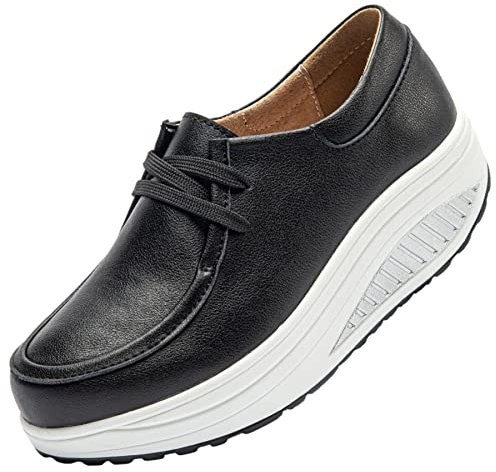 rismart Cuir Plateforme Chaussures Femme Confort Décontracté Baskets Mode (Noir,37 EU)