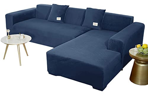 JHLD Sofabezug L Form, Stretch Sofabezug Samt L-förmiger Sofabezug Weiche Anti-rutsch Sofa Überwürfe Für Ecksofa-Marine-3 Sitzer+4 Sitzer