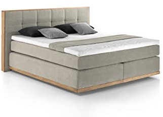 Mivano Levana Boxspringbett mit Sockel aus Eiche, 7-Zonen-Federkern, Matratzen H3/H4 + Topper Premium, Chenille, Beige, Liegefläche 180 x 200 cm