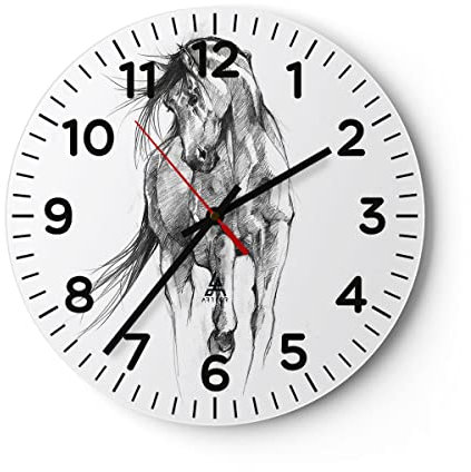 Modern Wanduhr Pferd Galopp Tier 40x40cm Rund Groß Wand Uhr Glas Analog Zimmeruhren Küche Büro Wohnzimmer Glasuhr Wall Clock Dekoration Design Wanddekoration Küchenuhr C4AR40x40-5080