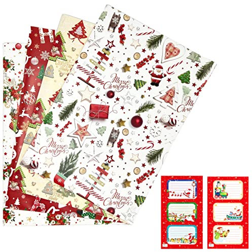 ARKRAFT 4 Blatt 90 x 65 cm Weihnachts geschenkpapier Xmas Merry Christmas + 6 Geschenkanhänger Aufkleber (Nat3+Stickers)