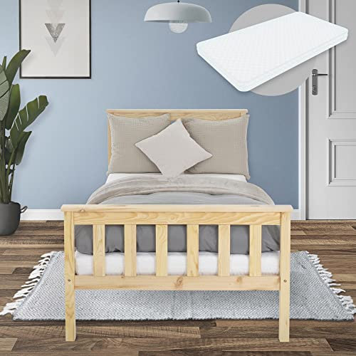 ML-Design Holzbett 90x200 cm Natur mit Matratze H:10cm, Kiefernholz, Massivholz Bettgestell mit Lattenrost & Füße, Einzelbett mit Kopf- und Fußteil, Bett für Kinder & Erwachsene, Kinderbett Jugendbett