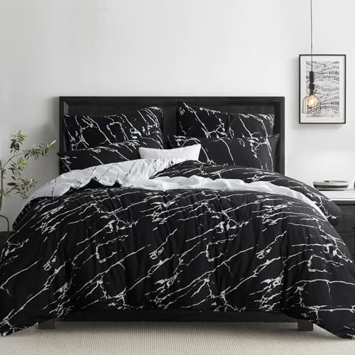 RUIKASI Bettwäsche 200x200 3 teilig Schwarz - Bettbezug 200 x 200 Set mit Marmor Muster, Bettwäsche-Sets 200x200cm aus Mikrofaser mit Reißverschluss Weich und Bügelfrei