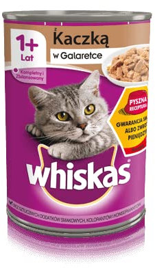 Whiskas Nourriture humide pour chat adulte 1+ avec canard en gelée, 12 boîtes (12 x 400 g)