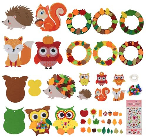 colmanda Herbst Kränze Bastelset 3 Stück, Herbst Bastelset mit Eichhörnchen, Fuchs, Lgel und Eule Filz, Kreativsets und Bastelbedarf für Kinder zum Dekorieren in der Herbstzeit