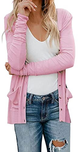 Cardigan Manica Lunga Donna Autunno Abbottonatura Aperta Bottoni Con Tasche Casual Spolverino Cardigan Leggero Cardigan Donna 52, Colore: rosa., XL