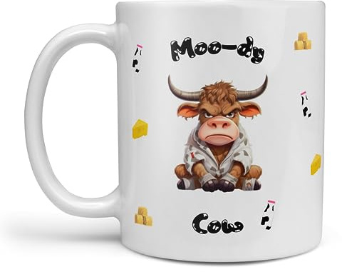 Moo-dy Cow Mug - This is the perfect funny gift for all those who dont like early mornings or are just moody in general! This is the perfect mug for you, or a friend/loved one!