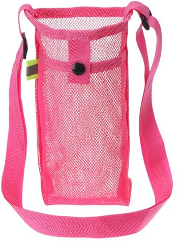 PATIKIL 22mmx13mm Water Bottle Bag, Mesh Portable Bottle Holder Carrier Adjustable Shoulder Strap for Sports Hiking Camping, Rose Red