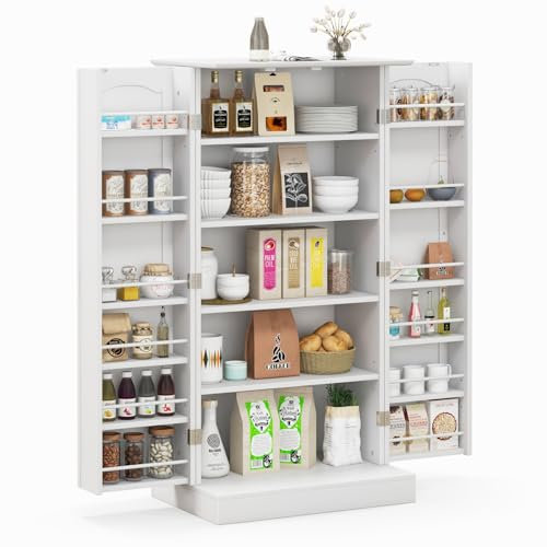COSTWAY Kitchen Cupboard, Buffet Pantry Cabinet with Countertop, Doors, 17 Shelves & Guardrail, Space-saving Storage Organizer for Dining Living Room (White, 60x40x120cm)