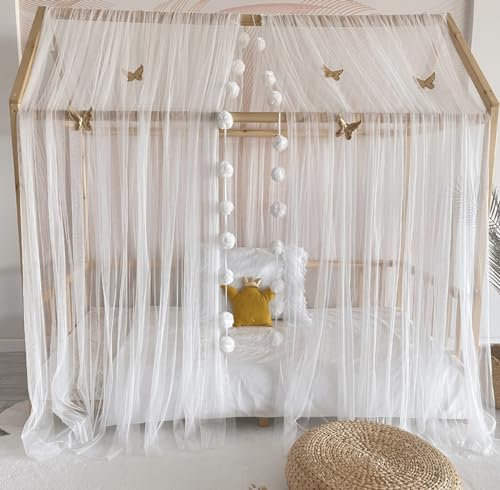 Baby Fancyroom Hausbett Himmel Ecru/Creme Betthimmel Deko Set Kinderzimmer Kinderbett Baldachin Pompongirlande aus Premium Tüll für Hausbetten (380cm, mit 5 goldenen Schmetterlingen)