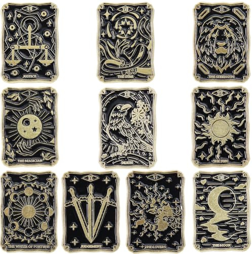 SUNNYCLUE 1 Box 10 Stück Süßes Emaille Anstecknadel Set Tarotkarten Anstecknadeln Schwarze Wahrsagerei Themen Anstecknadeln Legierung Mystisches Muster Magische Broschen Accessoire Für Frauen Und Männ