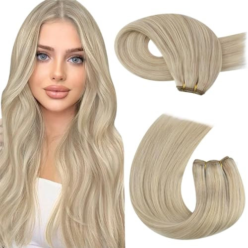 Moresoo 100g Tressen Echthaar 50 cm Aschblond mit Platinblond Echthaar Tressen Glattes Haar Für Partys, Hochzeiten, Veranstaltungen,Leicht zu Tragen und Weich #18/613