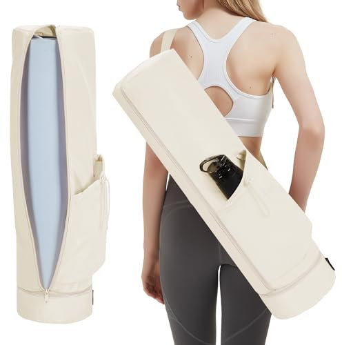 sportsnew Yoga Mat Bag Large with Carrying Strap, Bottle Pocket and Wet Compartment, Long Pilates Bag with Full Zipper for Thick Mat, Patent Pending (Beige)