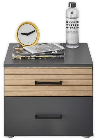 Stella Trading Laurie Nachttisch in Graphit, Eiche Optik - Moderner Nachtschrank mit Schubladen für Ihr Schlafzimmer - 46 x 39 x 41 cm (B/H/T)
