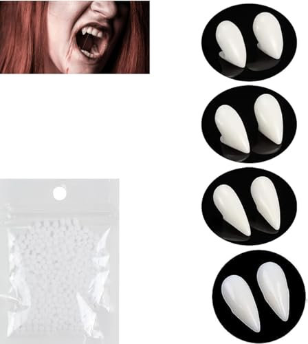 Zanne da Vampiro,4 Paia Denti da Vampiro Finte Protesi,Denti da Vampiro con Colla Solida,Denti da Vampiro Fangs per Feste Cosplay Halloween Fang Favori (13/15/17/19 mm)