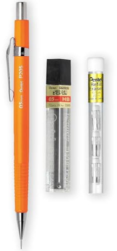 Pentel P205-97C Porte-mine automatique – Gamme Pastel Floral – Simple + 12 mines de recharge Hi-Polymer HB 0,5 mm + Tube de 4 recharges de gomme Z2-1N (orange fluo)