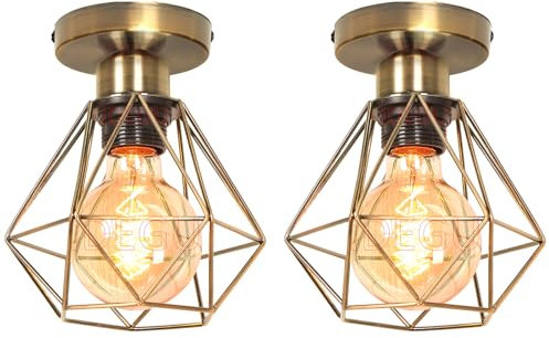 iDEGU 2 Stücke Deckenleuchten 16cm Industrial Deckenlampe aus Metall Lampenschirm Schwarz Retro Kronleuchter E27 Fassung Vintage Pendelleuchte für Flur Eingang Küche Schlafzimmer (Messing Fassung)
