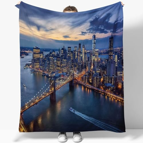 Sherpa Fleece Decke Skyline Von New York City Flanelldecke, Brooklyn Bridge Dicke Kuscheldecke Plüsch Fleecedecke Wohndecke Sofadecke Weiche Warm Überwürfe Couchdecke 100x130 cm