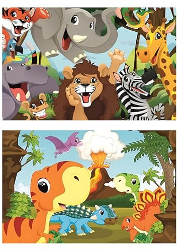damaloo 2X Tiere Tischsets für Kinder - Dino Motiv Platzdeckchen für Kinder - Urwald Tiere Motiv Bastelunterlage, Knetunterlage & Malunterlage für Kinder - Tischset für Kinder - Abwaschbare Tischsets