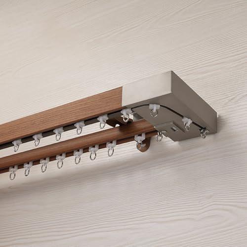 Vorhangschiene Zimmer Verdunkelungsvorhang Doppelschienen, Holzmaserung Wandmontage Vorhangschiene mit Zubehör, Gebogene Kante Vorhangstange für Schlafzimmer/Dusche/Arbeitszimmer(Style4,6m/19.6ft/