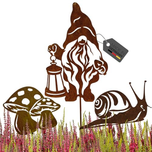 Terma Stahldesign Rostfigur Gartenstecker dreier Set Herbst Zwerg mit Schnecke und Pilz mit Spieß 40-45cm tolle gartendeko aus Rost-Metall, deko rostoptik, Rostfiguren Tiere,