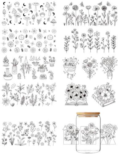 GOMAKERER 10 Blatt Blumen UV DTF Cup Wrap Transferaufkleber Pflanzen Transferaufkleber PVC Wasserfest Wildblumen Vintage Cup Transfer Dekoration Für DIY Flaschen Getränke Marmelade Kuchenbehälter