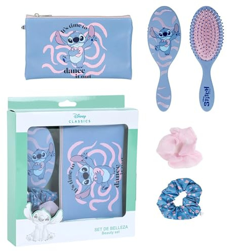 Disney Ensemble d'accessoires de beauté pour cheveux Stitch pour filles - Brosse à cheveux + Trousse de maquillage + 2 élastiques - Ensemble cadeau de 4 pièces Stitch
