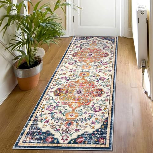 SHACOS Boho Teppich Läufer Flur 60x180 cm Kurzflor Flauschiger Teppichläufer Flur rutschfest - Küchenteppich Waschbar- Vintage Teppich Läufer für Flur, Küche, Schlafzimmer, Beige/Blau/Orange