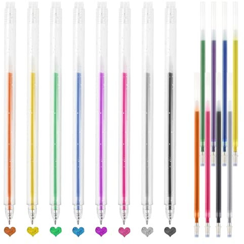 Glitzerstifte Gel, 8 Farbe Glitter Gel Pens mit 8 Nachfüllungen, Bunt Glitzer Gelschreiber Bunt für Kinder Zeichnen, Erwachsene Malbücher, 1,0 mm Spitze