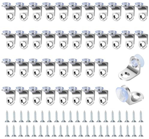 Fairblo 40Pcs Glass Shelves Brackets Right Angle Fixing Bracket Glass Shelf Support Brackets with Suction Cup Base and Screw Cabinet Shelf Pegs for Glass Shelves Wooden Furniture Shelf Bookrack