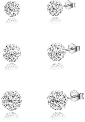 HinDaLi 3 Paar Kugel Ohrstecker Silber 925 Sterling Silber Kristall Kugel Ohrringe Zirkonia Stecker Silber Ohrstecker Damen Piercing Ohrringe für Damen Mädchen Frauen