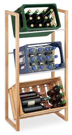 Relaxdays Getränkekistenregal, HxBxT: 112 x 58 x 32 cm, Getränkekistenständer für 3 Kisten, Holz & Eisen, Natur/Silber
