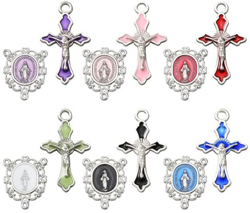 SUNNYCLUE 1 Box 24 Stück 12 Stile Bunte Kreuz Anhänger Kruzifix Anhänger Großpackung Legierung Oval Emaille Glaube Ostern Rosenkranz Anhänger Für Schmuckherstellung Halsketten Armbänder Perlen DIY Bas
