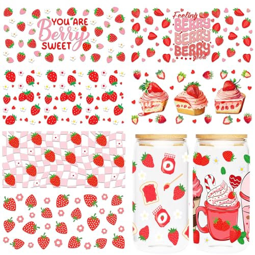 Strawberry UV DTF Cup Wraps, 8-Sheet Strawberry Rub on Transfer, UV DTF Transfer Sticker for 16oz Glass Tumblers, Waterproof Decals, Creative Fruit Themed Gifts
