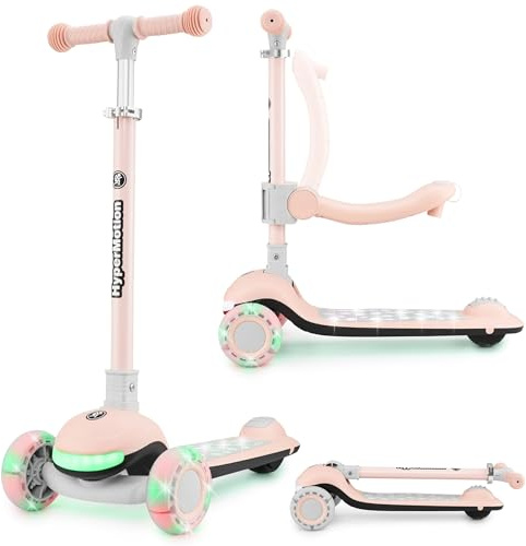 HyperMotion Trottinette Lumineuse 3-en-1 avec Siège Réglable et LED - Évolutive dès 1 an, Guidon Ajustable 66-93cm, Pliable - Trottinette Enfant 3 Ans Usage IntéRieur/ExtéRieur, Max 50kg, Rose