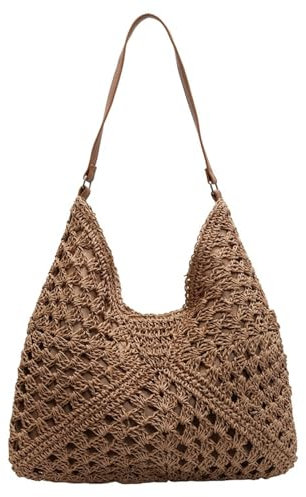 Macayda Strohtasche Damen Geflochtene Tasche, Sommer Korbtaschen Damen Mittelgroß Basttasche Boho Stroh Woven Bag Flechttasche für Strand Reisen Urlaub (khaki)