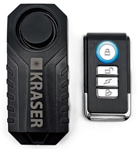 KRASER KR726 Fahrradalarm, Fernbedienung, Bewegungsmelder 7 Stufen, 3 Töne, 113dB Kabellos, Elektroroller Alarm Drahtlose, Motorradalarm ohne Installation, Diebstahlsicherung Fahrrad, Scooter, Tür