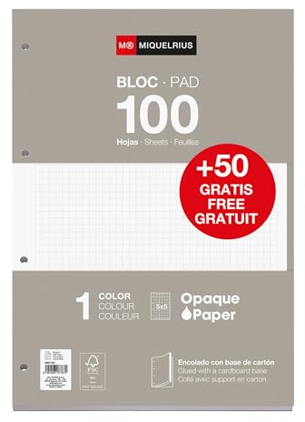 Miquelrius - Nachfüllblock A4 mit karierten Blättern 5x5 mm, 150 Blatt, 90 g/m², Mit Standardlochung für Ringordner, Schulmaterial, Farbe Grau