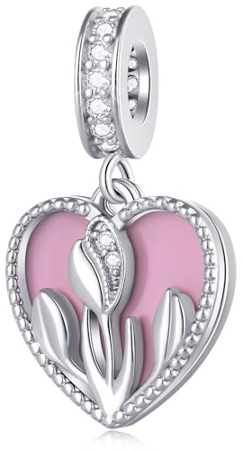 Holland Tulpen Blume Herz hängen Charm, passt Pandora Frauen Armband, 925 Sterling Silber Niederlande Floral Rosa Emaille CZ Perlen, Geschenke für Mutter/Oma/BFF