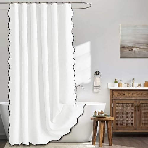 Homxi Duschvorhang 180x200cm Polyester Schimmelresistent mit 12 Ringen | Einfarbig Weiß mit Schwarz Welle,Wasserabweisende Textilien,Rostfreie Ösen,Blickdicht für Bad Wanne Hotel Ferienwohnung