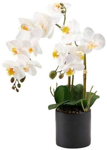 Pmyra 17 Artificial White Phalaenopsis Orchid in Modern Black Ceramic Pot