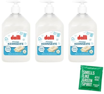 Dalli Flüssige Kernseife 3×500 ml Set inkl.Remix Grün Erfrischungstuch – Vegan, Ohne Duft- & Farbstoffe – Milde Seife für empfindliche Haut & Haushalt
