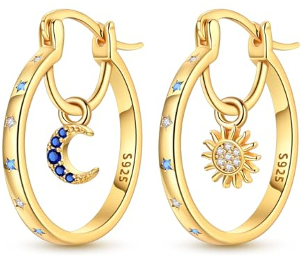 14-karätig vergoldete Creolen für Damen, Stern- und Mond-Creolen | 925er-Sterlingsilber, kubischer Zirkonia trendig, mittelgroß, hypoallergen, baumelnde Creolen mit Charm-Schmuck für Sie