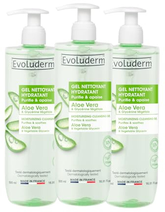 EVOLUDERM - Gel Nettoyant Hydratant Aloe Vera - 500ml - 97% d'Ingrédients d'Origne Naturelle - Végan - Lot de 3 x 500ml