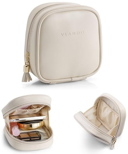 VLANDO Small Makeup Bag with Slip-in Pockets, Travel Essential for Handbags | 12 x 5 x 13 cm, Secure Zip Closure,, Wide Opening, Quick Touch-Ups, Easy Access, Handbag-Friendly,Gift for Women,White