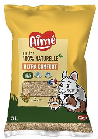 Aimé | Litière Végétale Petits Animaux 5L | Biodégradable et Absorbante à Rafle de Maïs | Lapin, Cochon d'Inde, Hamster, Souris, Cobaye | Jusqu'à 3 Semaines d'Utilisation