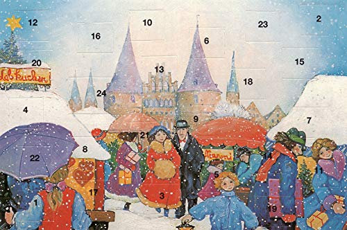 2 Adventskalenderkarten Lübeck Nostalgie Weihnachten Grußkarten Goldprägung Kunstkarte Weihnachtsgruß