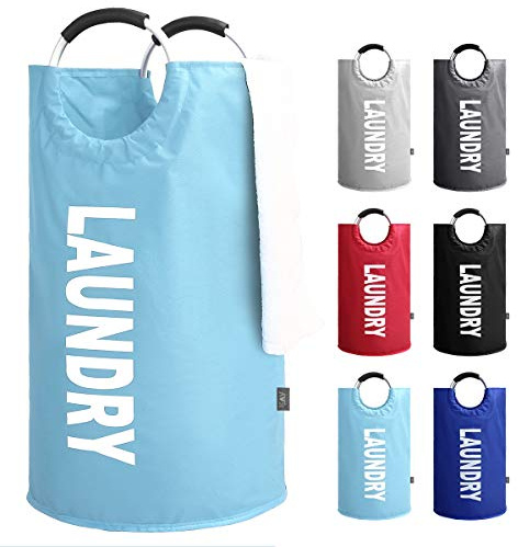 KAV Oxford Fabric Collapsible and Foldable Laundry Basket, Bag or Hamper - 82L Portable Linen Washing Bin with Rubber grip Aluminium Handles - Perfect for Bedrooms, Bathrooms, Playrooms (Light Blue)