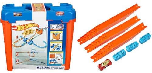 Hot Wheels Deluxe Stunt Box Giftable Set 15 Feet 36 Pieces Track Connectors and Curves, Ages 6 to 12 Years, GGP93 & BHT77 Straight Track Builder with Diecast and Mini Car Toy Pack [Amazon Exclusive]